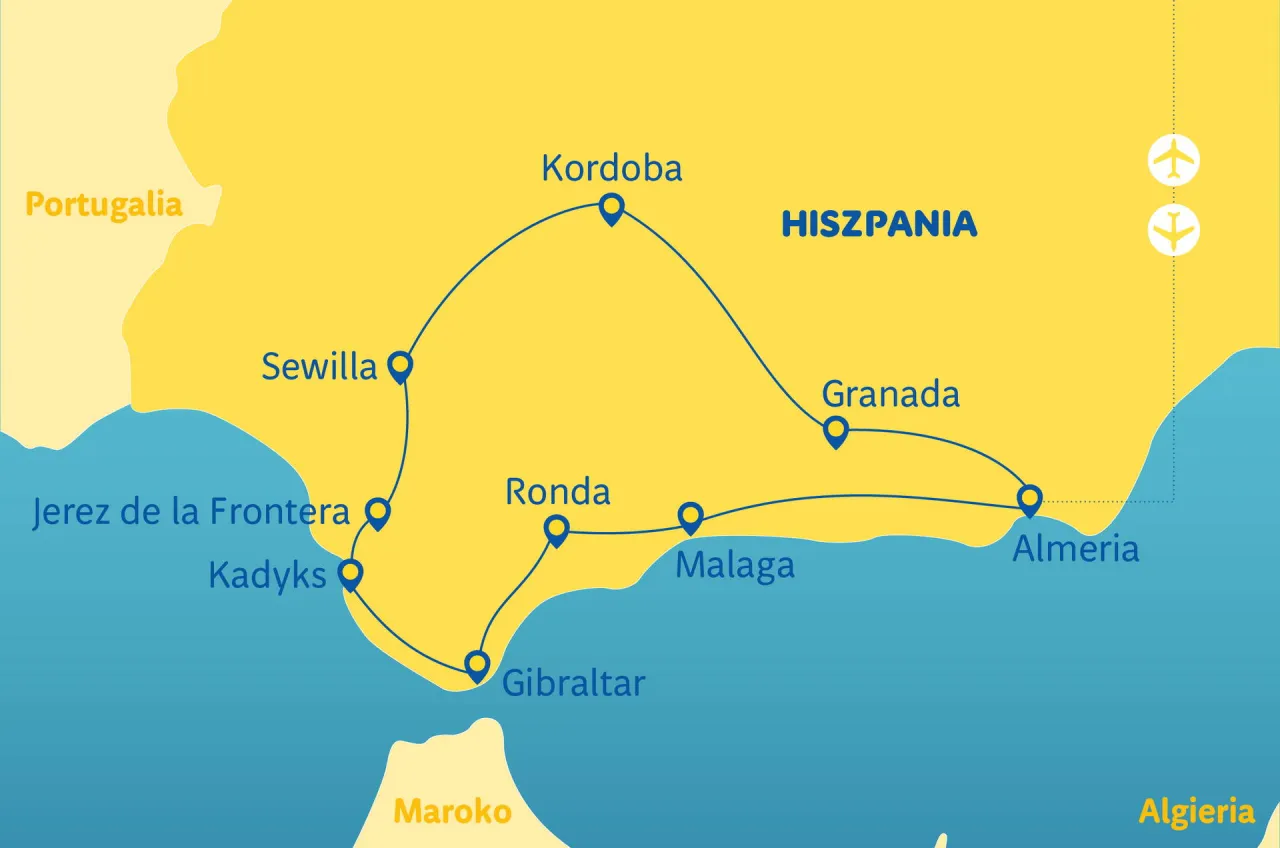 Mapa Andaluzji z zaznaczonymi miastami: Sewilla, Kordoba, Granada, Ronda, Malaga, Jerez, Kadyks, Gibraltar, Almeria. Gdzie jest Malaga? Na południowym wybrzeżu Hiszpanii.