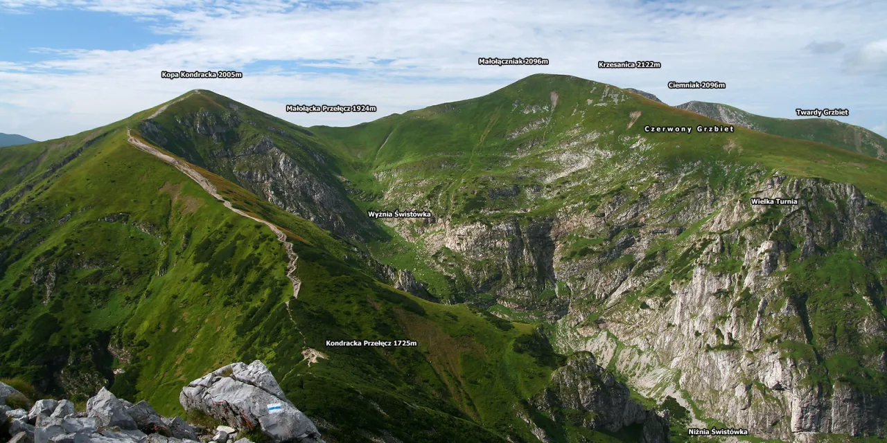 Widok na Tatry Zachodnie z zaznaczonymi szczytami. Widoczna ścieżka, kt&oacute;ra może być częścią szlaku jakim szlakiem na Giewont.