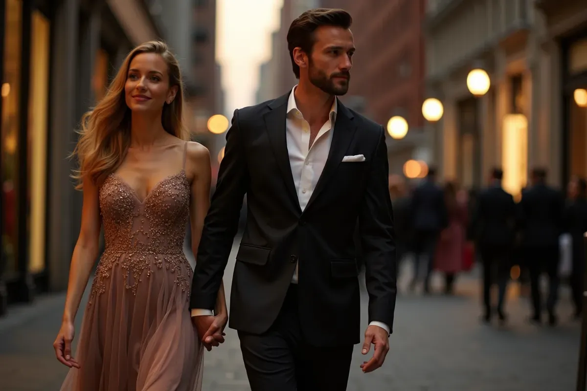 Elegancka para idzie ulicą. Ona w sukni balowej, on w garniturze. Idealny przykład, jak się ubrać na koncert w filharmonii.