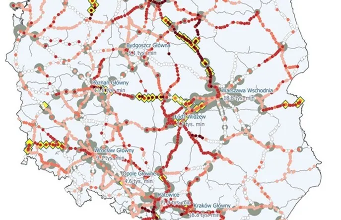 Mapa Polski opóźnienia pociągów, awarie kolei