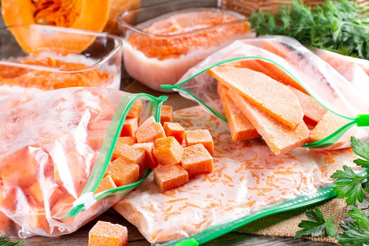 Czy dynię można mrozić? Tak, na zdjęciu widać pokrojoną i zamrożoną dynię w woreczkach strunowych i pojemnikach.