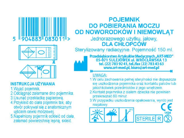 Jałowy pojemnik i woreczek do pobierania moczu u niemowlaka