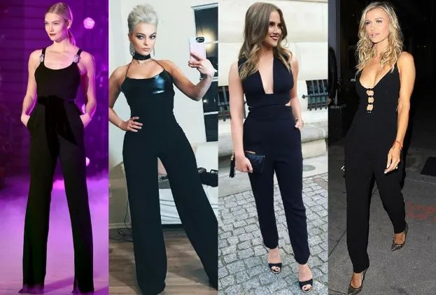 kobieta w eleganckim czarnym kombinezonie i szpilkach