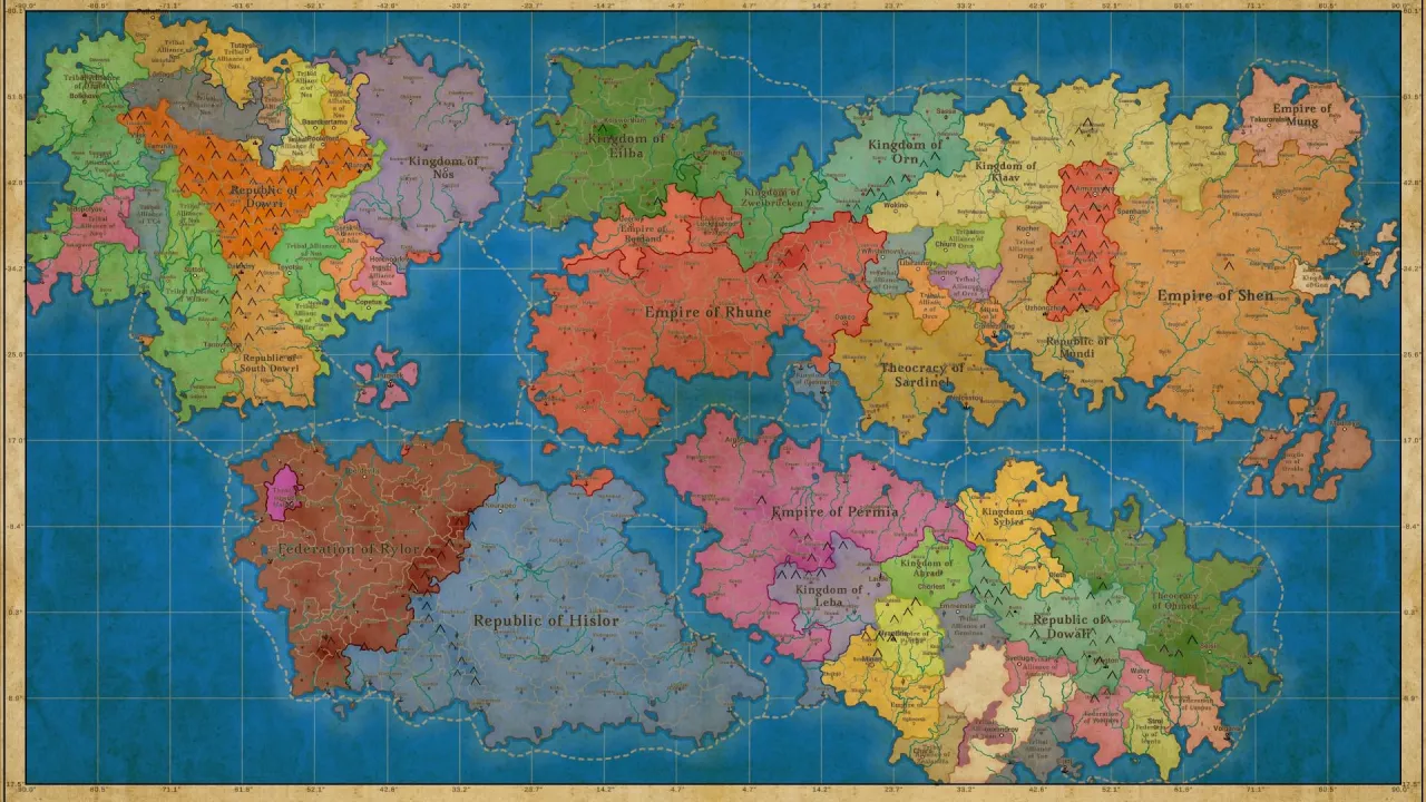Mapa świata z królestwami, imperiami i republikami. Arkusz kalkulacyjny może pomóc w organizacji danych do budowania światów (worldbuilding).
