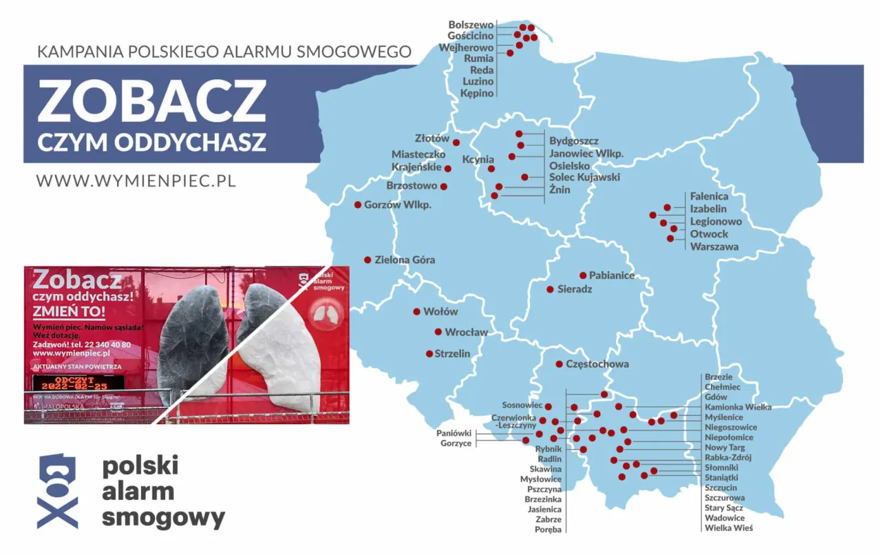 mapa Polski z ikonami służb miejskich lub telefon alarmowy
