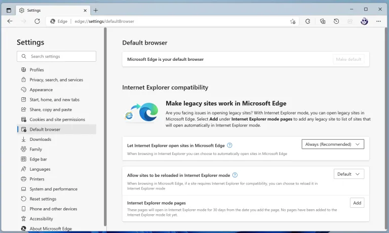 Ustawienia trybu IE w Microsoft Edge
