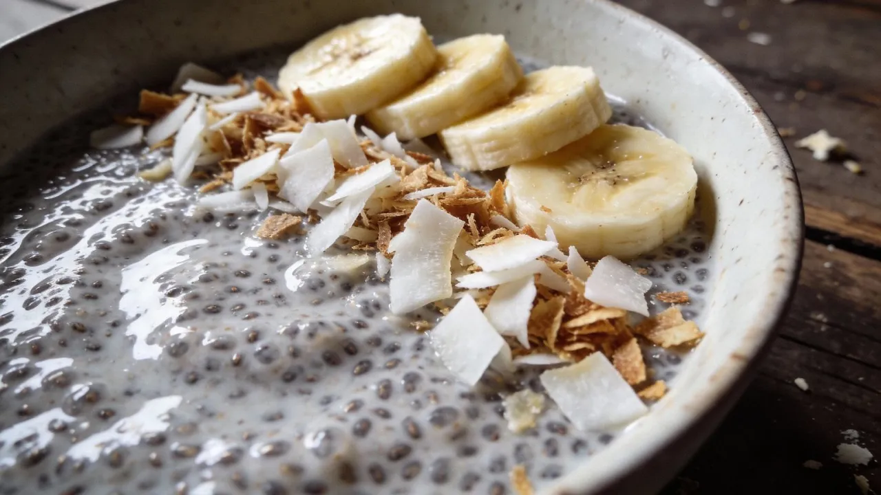 Pudding chia z bananem i wi&oacute;rkami kokosowymi. Pyszne śniadanie z chia, kt&oacute;re doda Ci energii na cały dzień.