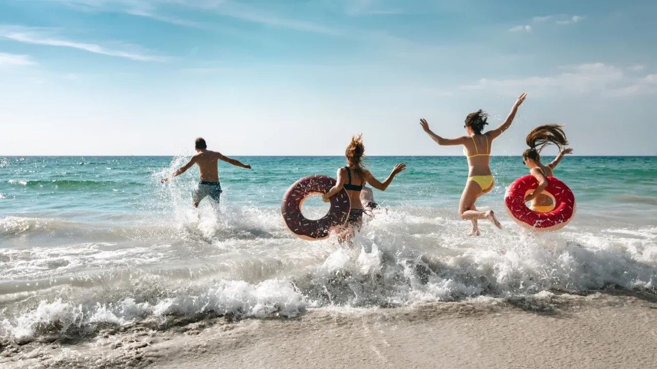 Grupa przyjaciół wbiega do morza, ciesząc się wakacjami all-inclusive. Dwie dziewczyny skaczą, trzymając dmuchane koła w kształcie pączków.