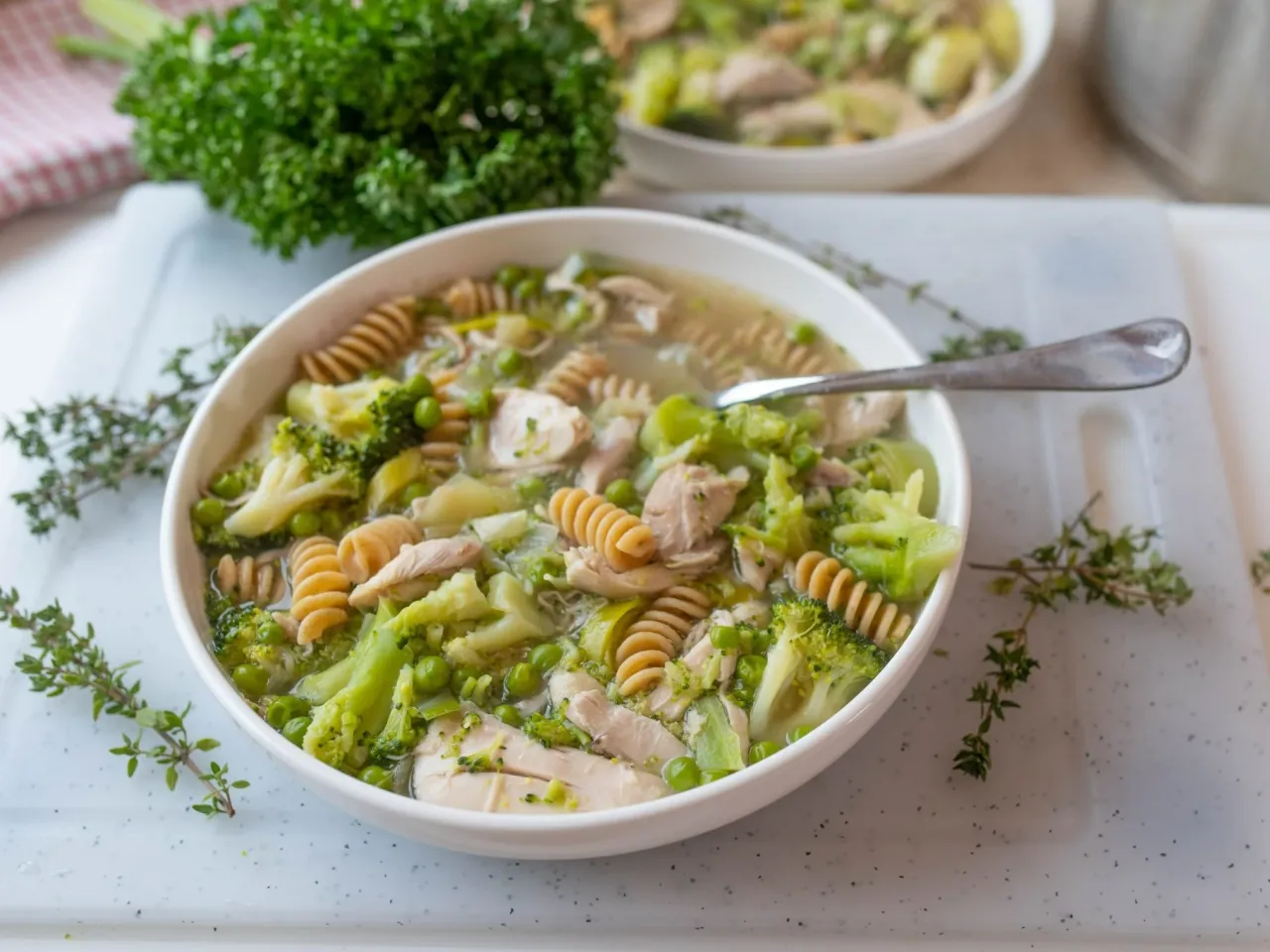Pyszna zupa z kurczakiem, makaronem i brokułami &ndash; idealne danie, co można zjeść na obiad.