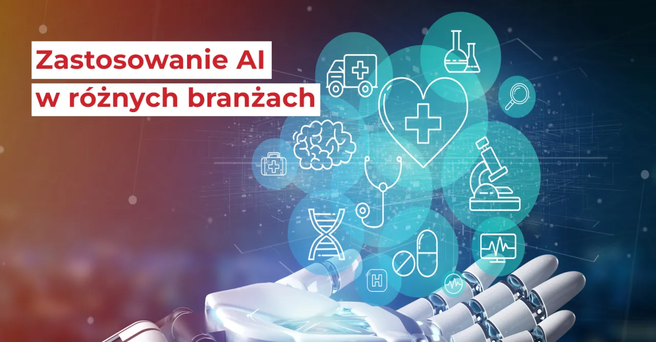 Sztuczna inteligencja potrafi analizować dane medyczne, wspierając diagnostykę i badania. Widoczne ikony symbolizują medycynę, naukę i technologię.