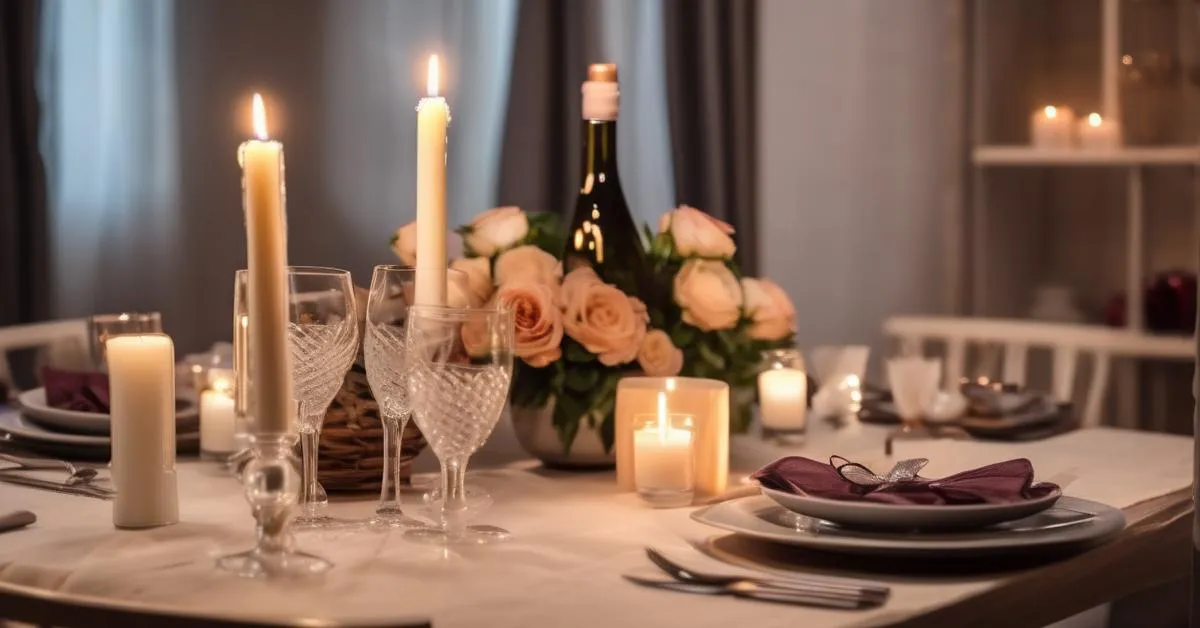 romantyczna atmosfera w domu, świece, nastrojowe oświetlenie, nakrycie stołu na randkę