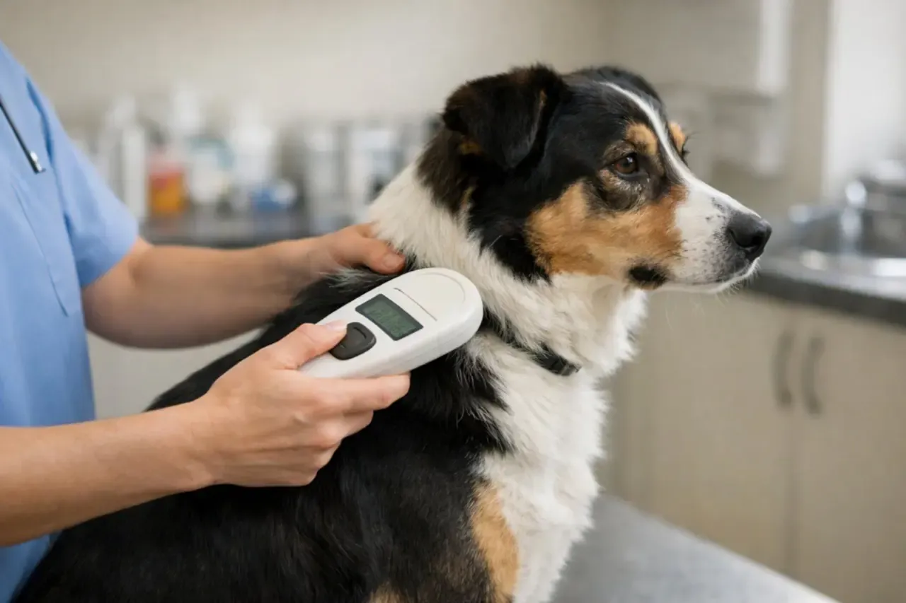 Weterynarz skanuje psa czytnikiem. Dowiedz się, ile kosztuje chip dla psa i jak zapewnić mu bezpieczeństwo.