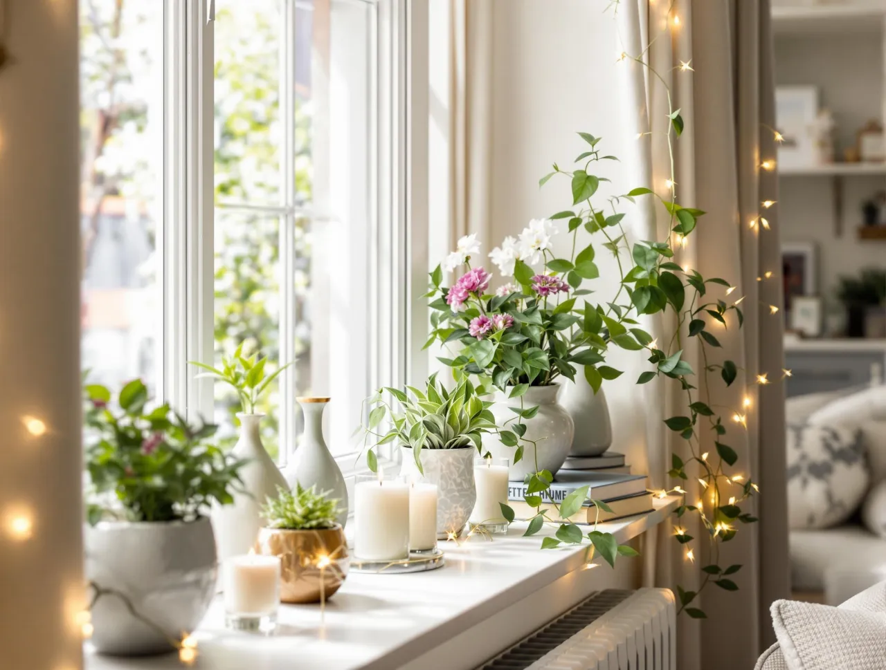 Kwiaty w wazonach, świece i lampki tworzą przytulną atmosferę. Idealne inspiracje, co postawić na parapecie w salonie.