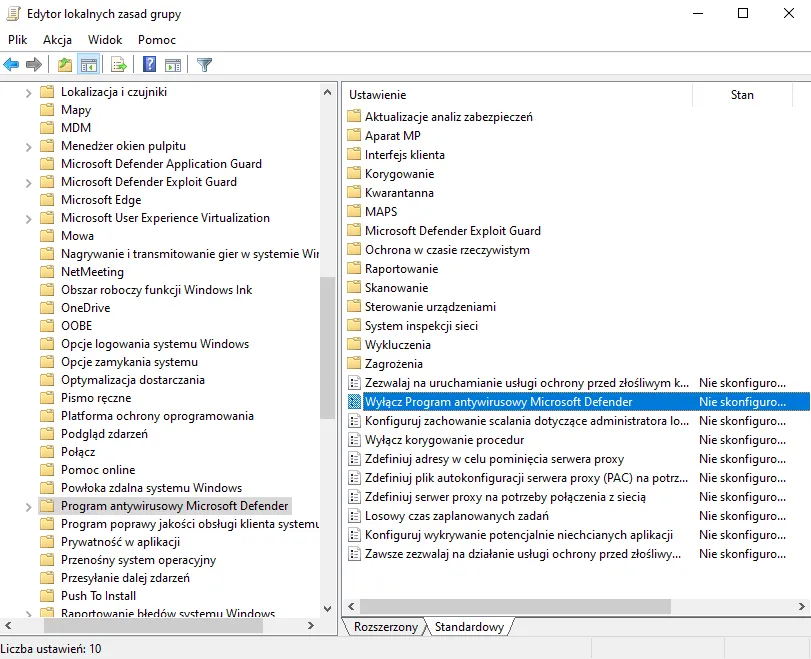 Microsoft Defender interfejs antywirus Windows 10