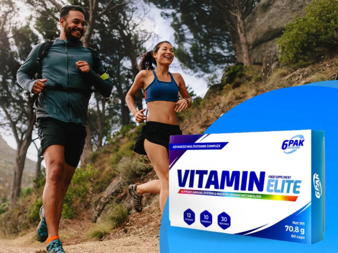 Para crossfit jakie suplementy? Para biegaczy na trasie z opakowaniem Vitamin Elite.