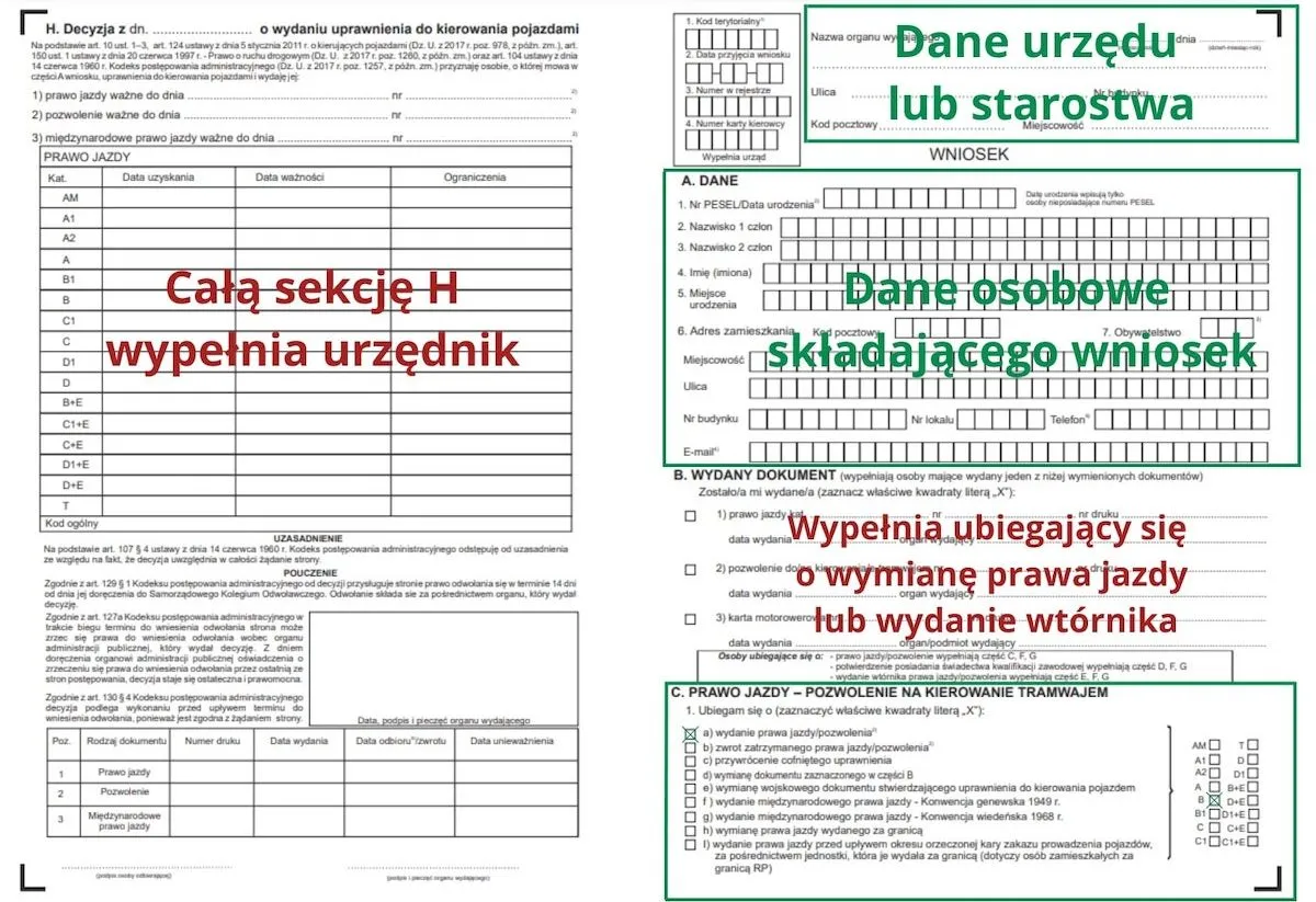 Formularz wniosku o wydanie prawa jazdy lub wymianę dokumentu. Sekcja H dotyczy kod&oacute;w na okulary prawo jazdy.