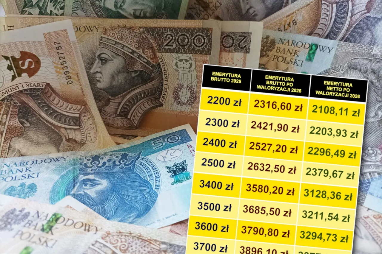 Tabela z kwotami emerytur brutto i netto po waloryzacji 2026. Sprawdź, kiedy 14 emerytura i dla kogo.