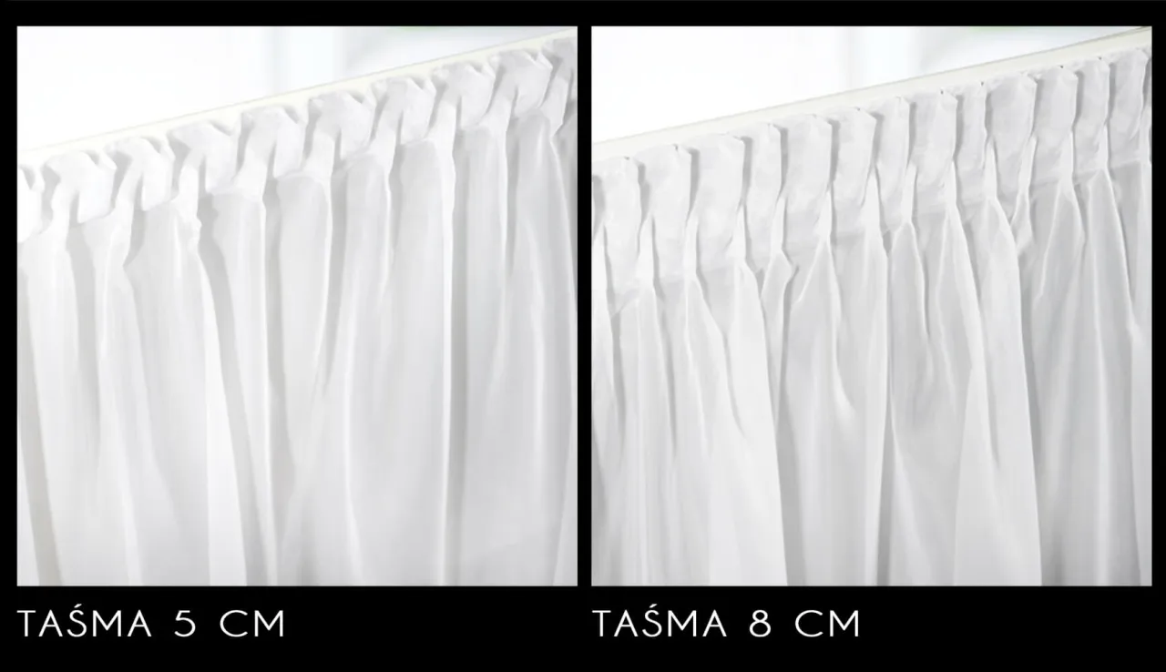 Por&oacute;wnanie taśm marszczących do firan: 5 cm vs 8 cm. R&oacute;żne rodzaje taśm dają odmienny efekt marszczenia.