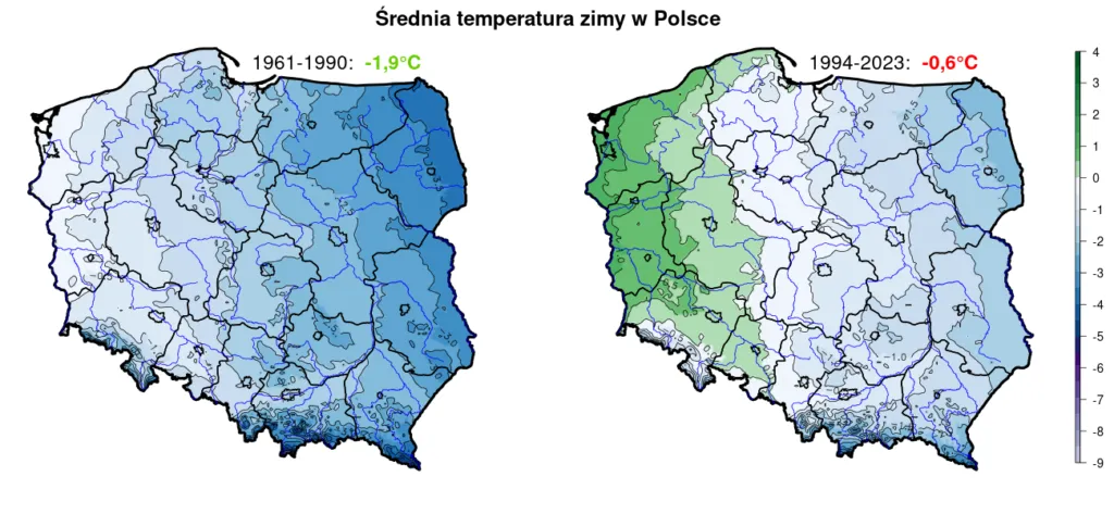 Mapa Polski z prognozami zmian klimatycznych (temperatura, opady)