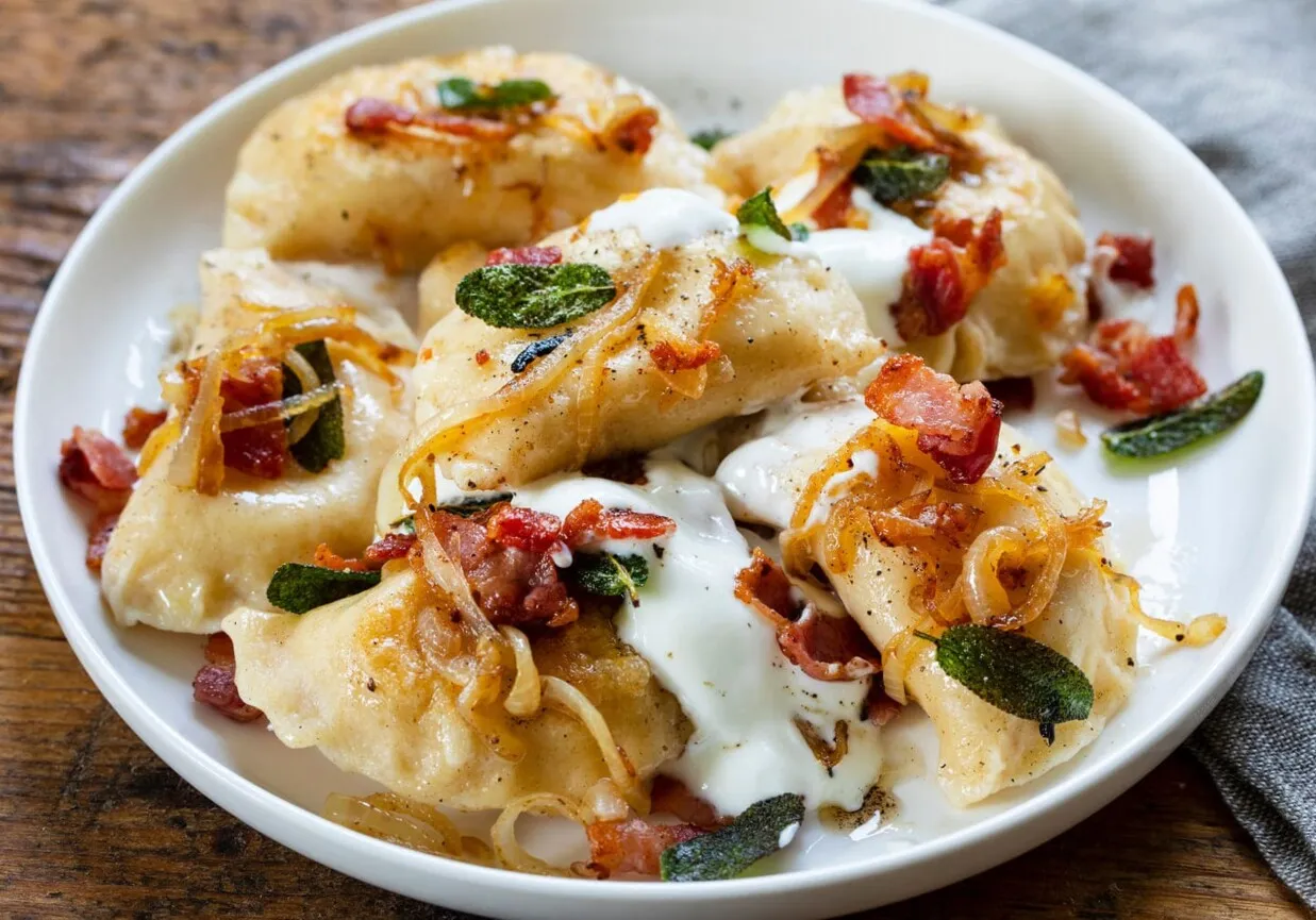Pyszne pierogi ruskie z boczkiem i cebulką, polane śmietaną. Idealne, gdy zastanawiasz się, jak zrobić pierogi ruskie.