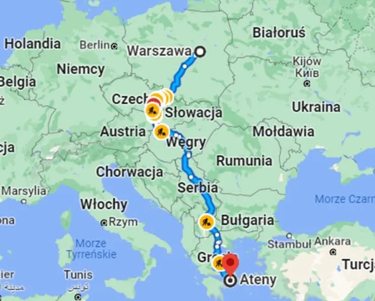 Mapa trasy Polska Grecja samochodem