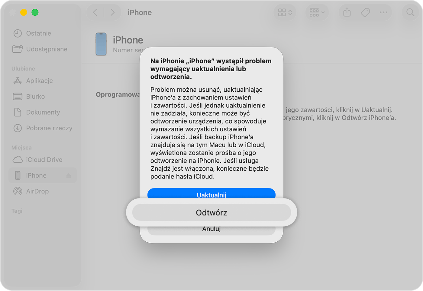 Komunikat o błędzie na iPhonie. Można go naprawić, aktualizując lub odtwarzając urządzenie. Jak zmienić kod w iPhone? Tutaj opcje aktualizacji lub odtworzenia.