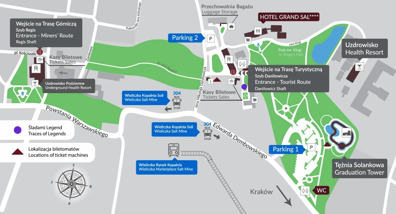 Mapa przystanków komunikacji zastępczej Wieliczka Rynek-Kopalnia i Wieliczka Park