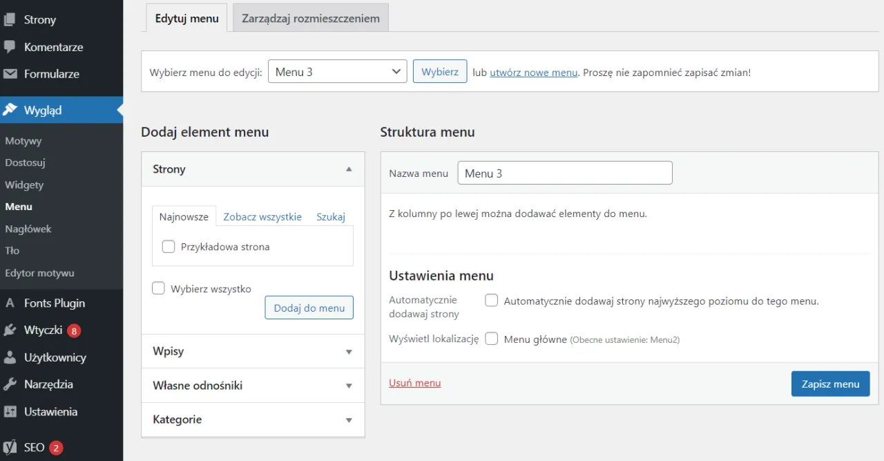WordPress dodawanie strony do menu