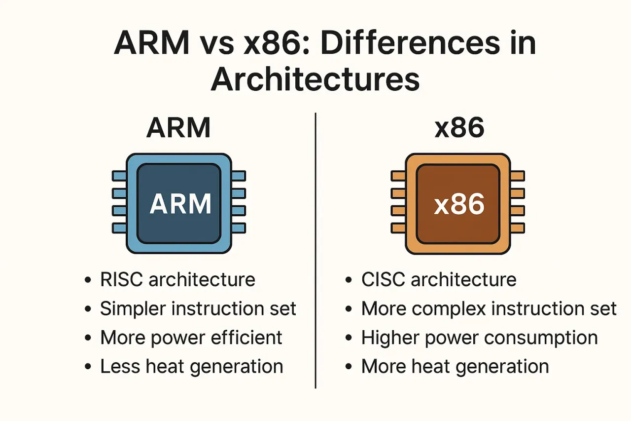 Por&oacute;wnanie architektur ARM i x86, kluczowe dla system&oacute;w Linux. ARM to RISC, prostszy i energooszczędny. x86 to CISC, bardziej złożony.