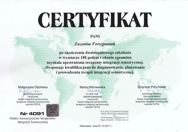 certyfikat terapeuty integracji sensorycznej