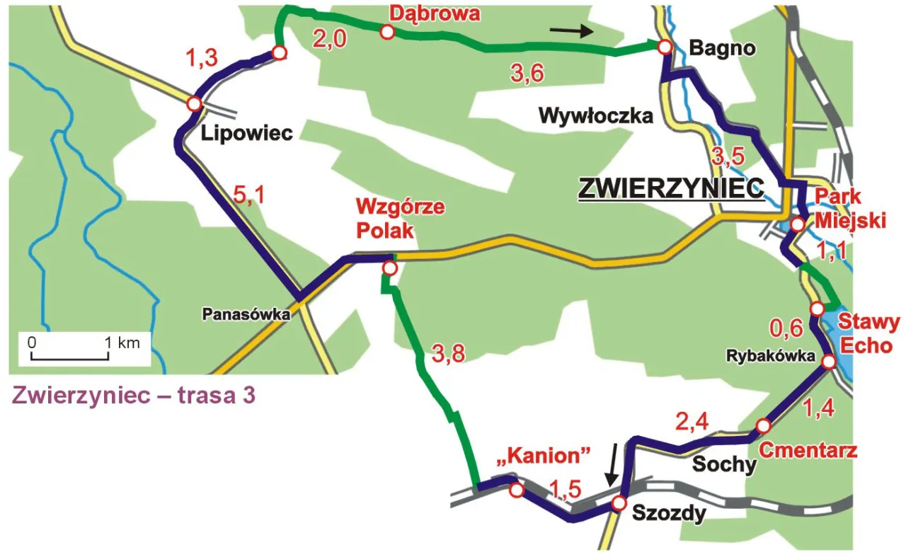 Mapa trasy rowerowej Zwierzyniec Florianka. Znajdziesz tu punkty: Lipowiec, Bagno, Wzg&oacute;rze Polak, Stawy Echo, Cmentarz, Szozdy i inne.