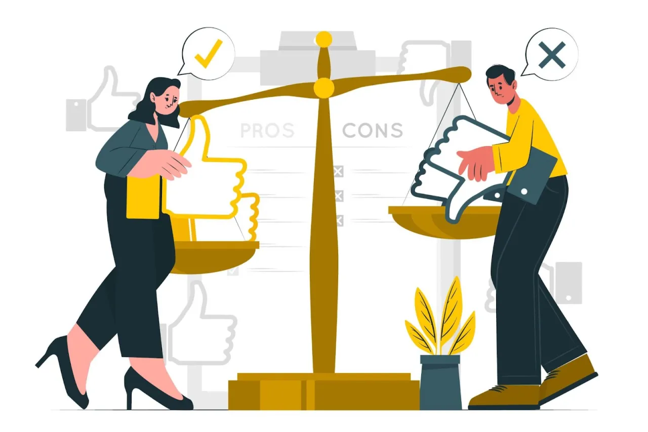 Waga szali: czy warto ogłosić upadłość konsumencką? Kobieta z kciukiem w górę, mężczyzna z kciukiem w dół.