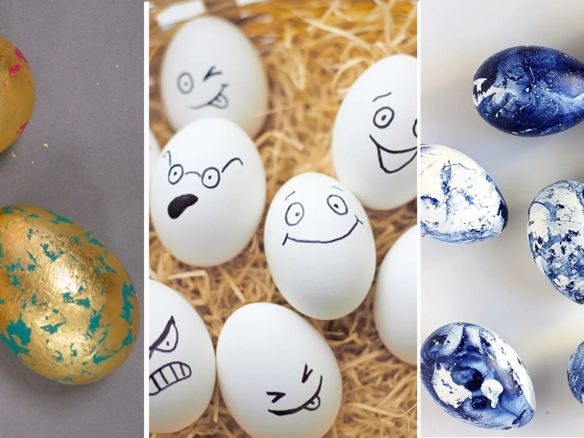 Złote, białe z buźkami i niebiesko-białe wzory na jajka wielkanocne. R&oacute;żnorodne, kreatywne zdobienia.