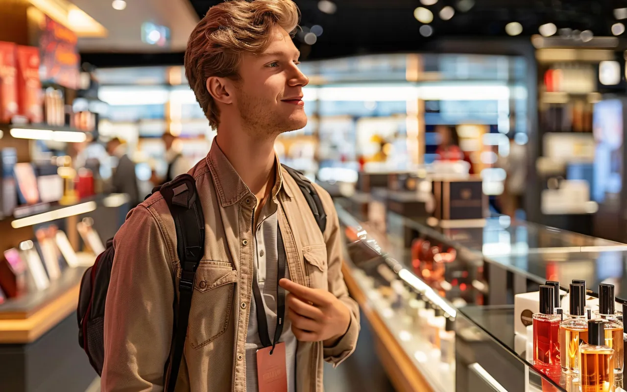 Młody mężczyzna w sklepie wolnocłowym zastanawia się, ile kosztują perfumy w samolocie.