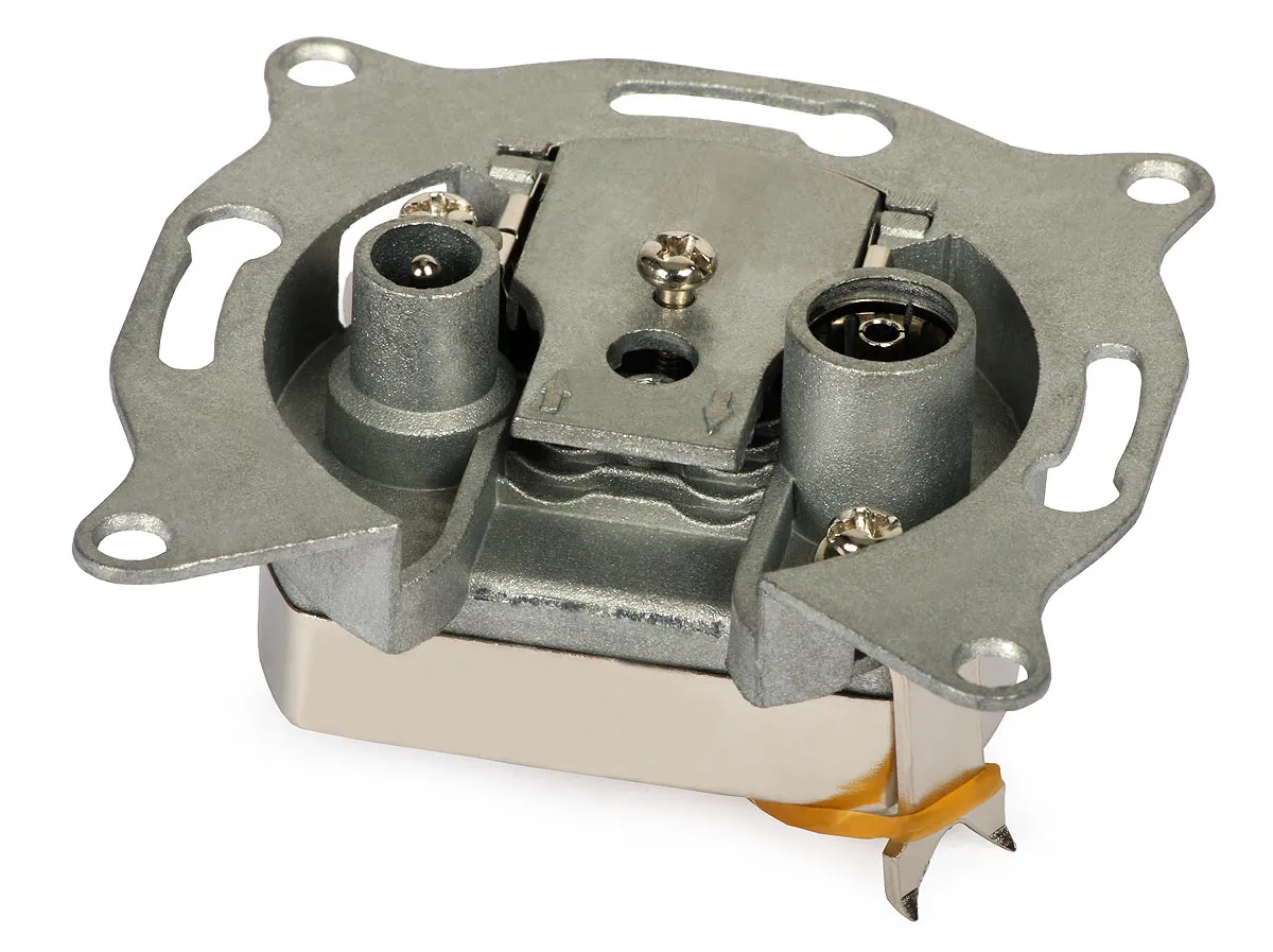 Gniazdo RTV w ścianie z opisem wyjść TV, R, SAT