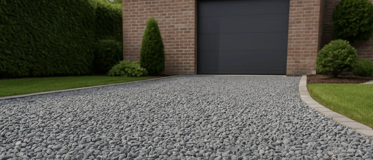 Szary żwir na podjeździe przed garażem. Zastanawiasz się, ile kosztuje tona kamienia na podjazd?
