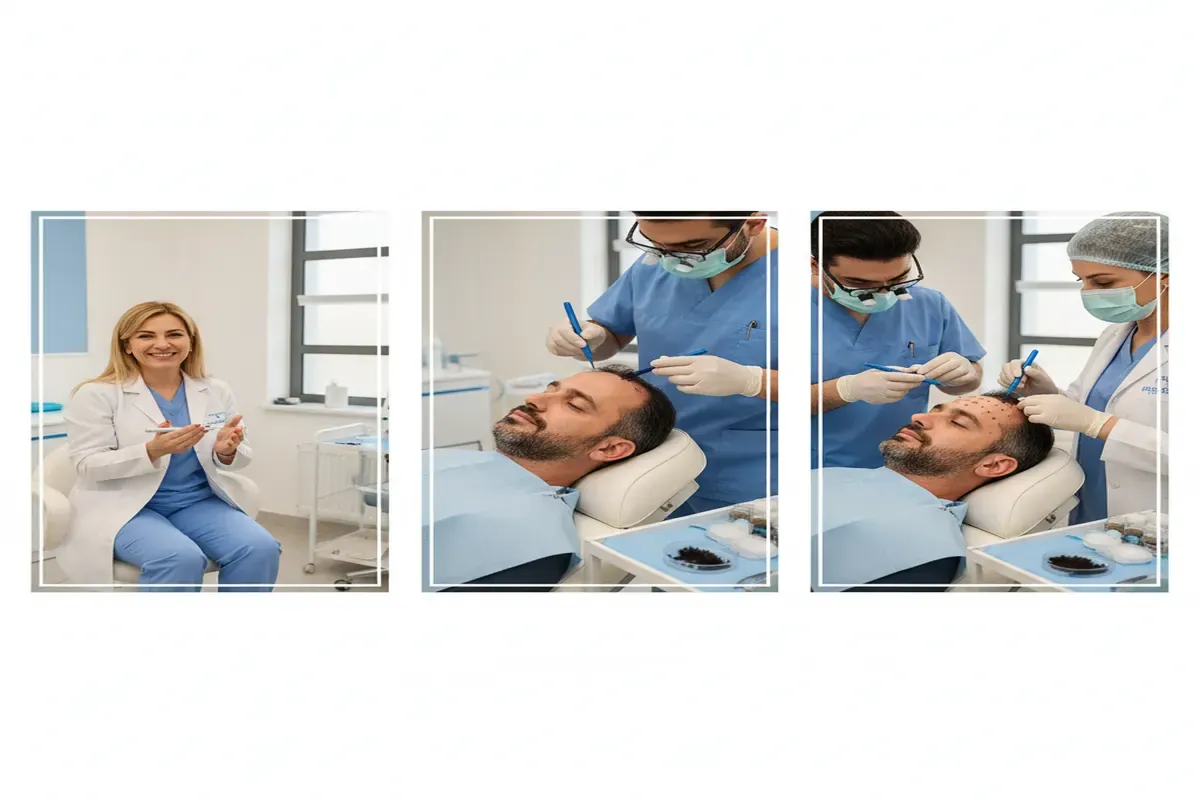 Lekarka omawia zabieg, a potem zesp&oacute;ł medyczny wykonuje przeszczep włos&oacute;w. Sprawdź koszty leczenia w Turcji.