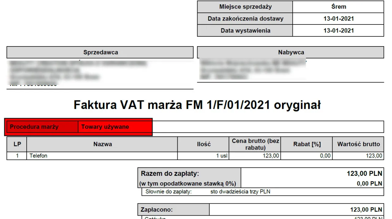 faktura vat marża przykładowa