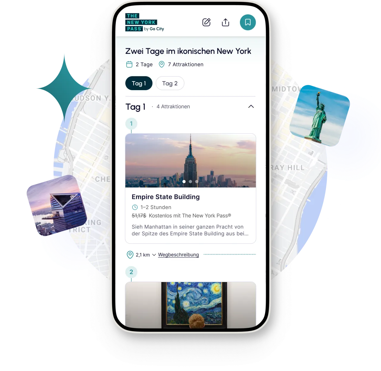 New York Pass App auf Smartphone mit Empire State Building im Hintergrund