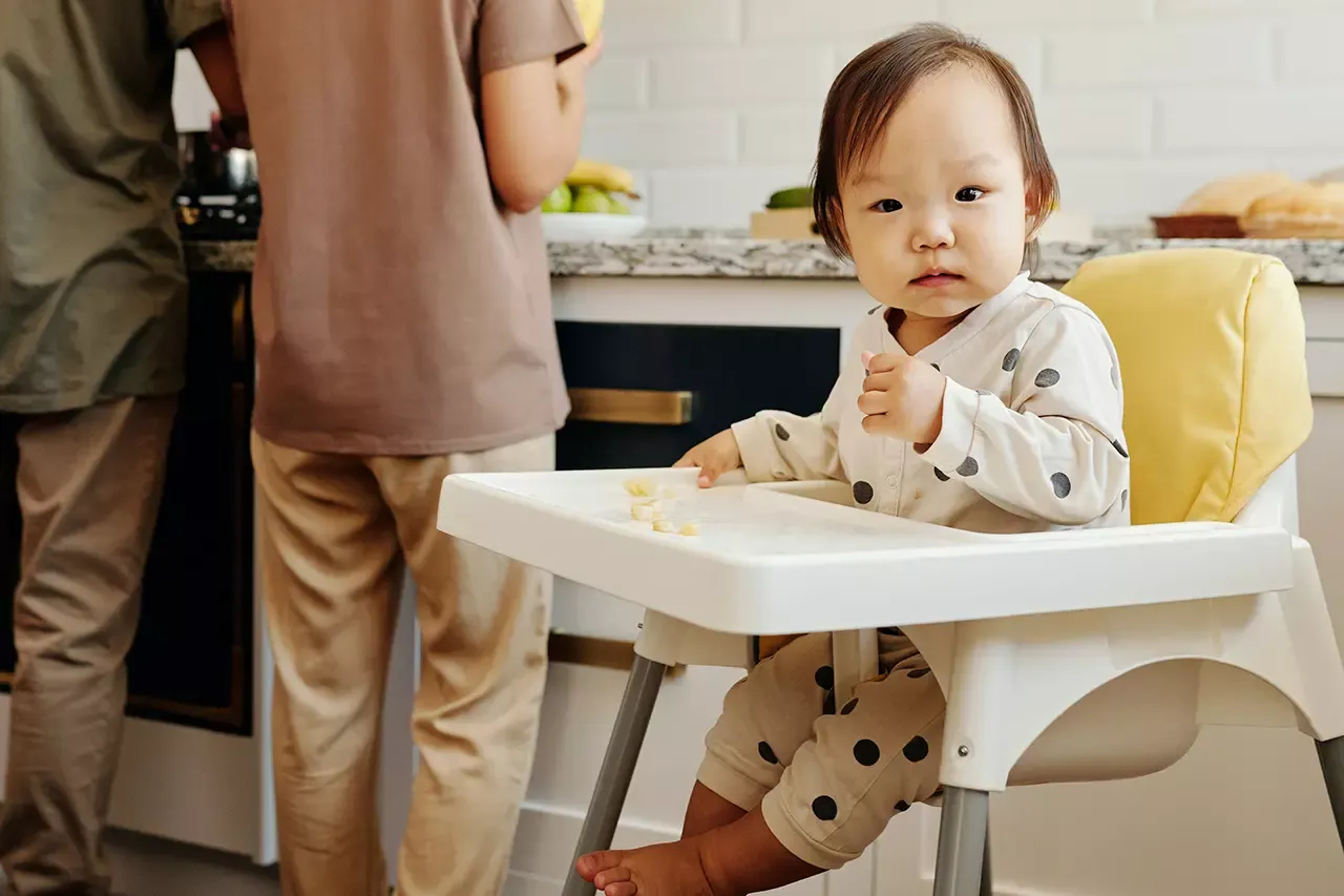 Dziecko karmione w krzesełku lub na kolanach rodzica