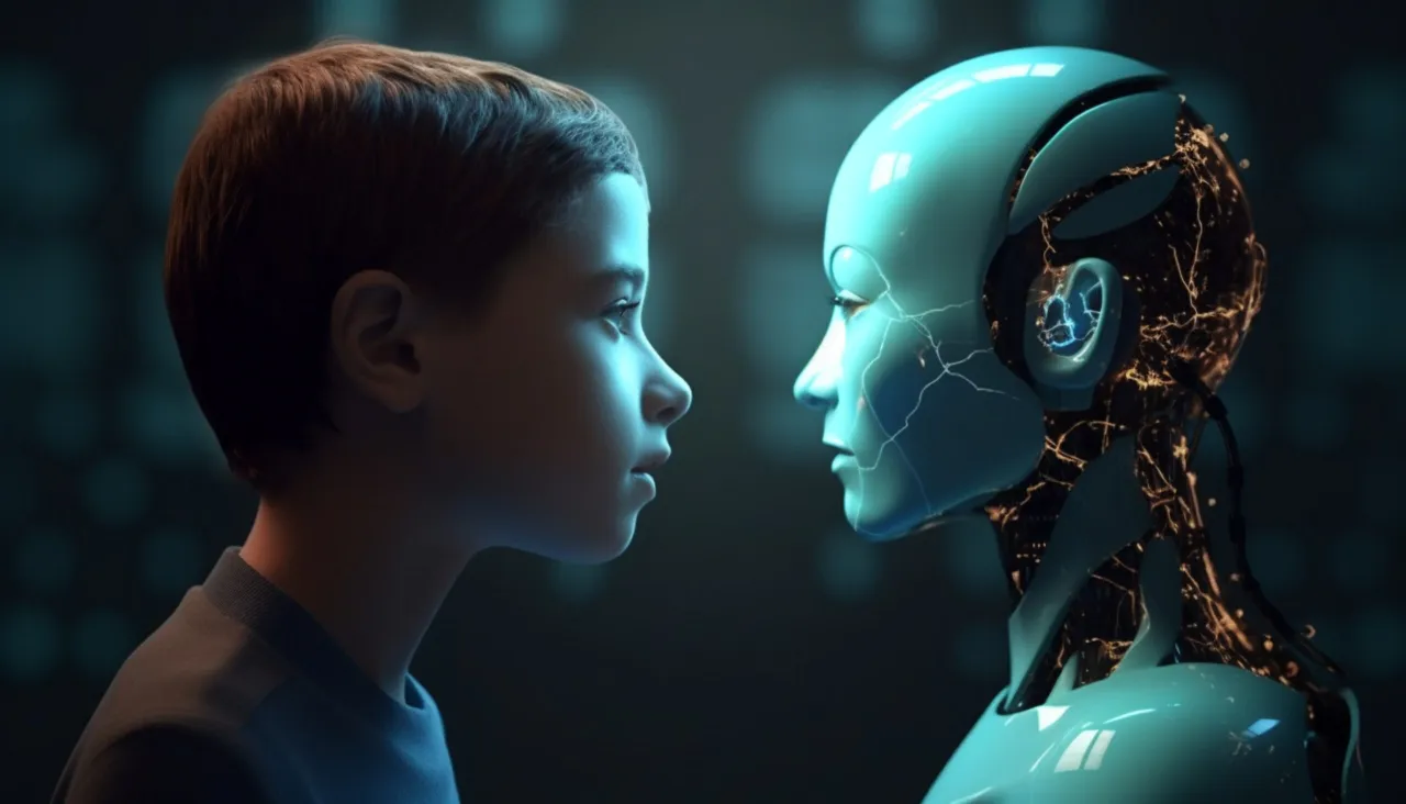 Chłopiec patrzy na zaawansowanego robota, zastanawiając się, czy sztuczna inteligencja zastąpi człowieka.