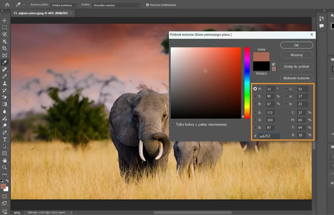 Photoshop Barwa Nasycenie okno narzędzia