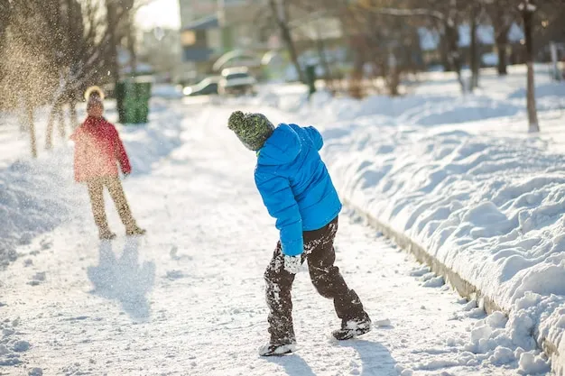 chłopiec w kurtce zimowej bawi się na śniegu