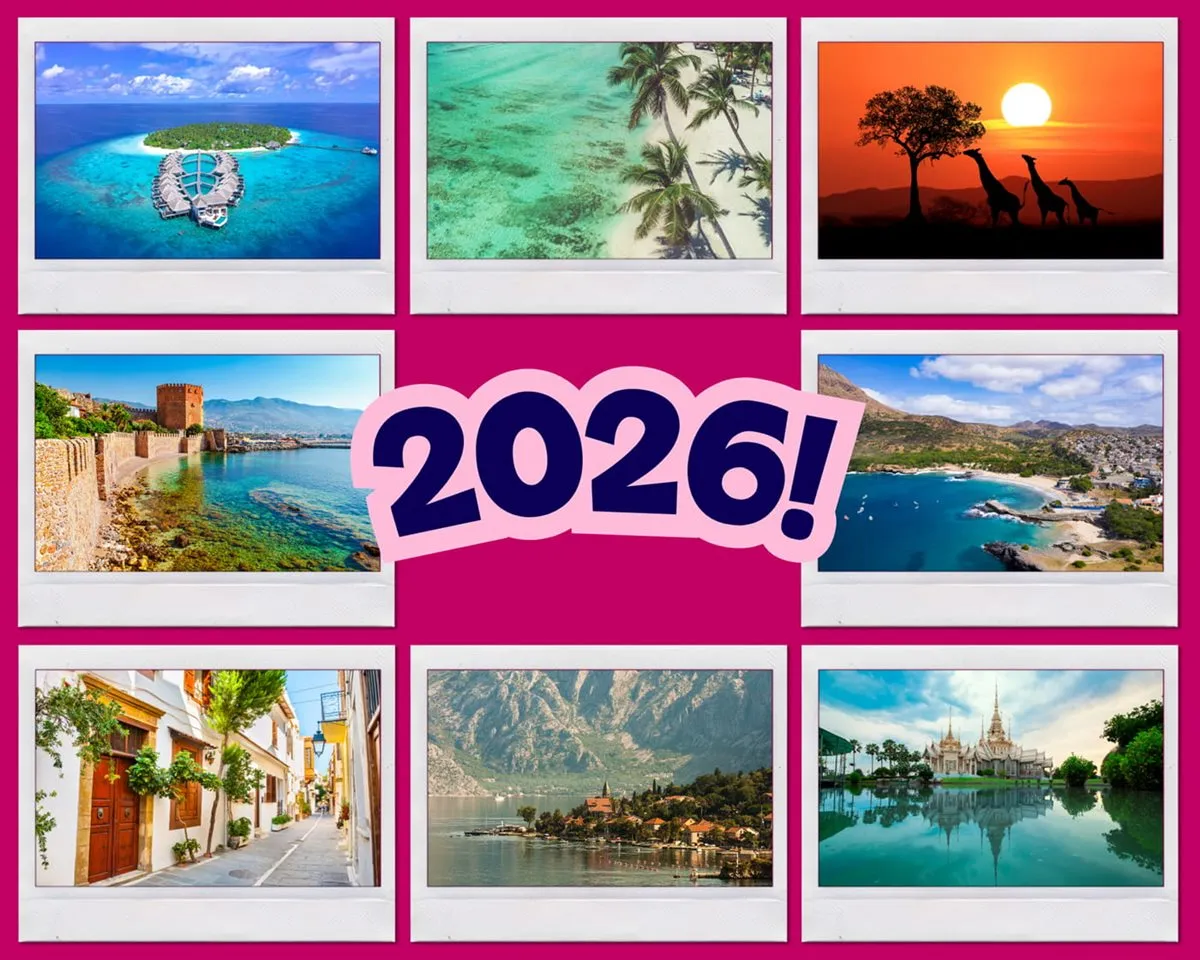 Kolaż popularnych kierunk&oacute;w wakacyjnych 2026 Turcja Grecja Egipt Albania