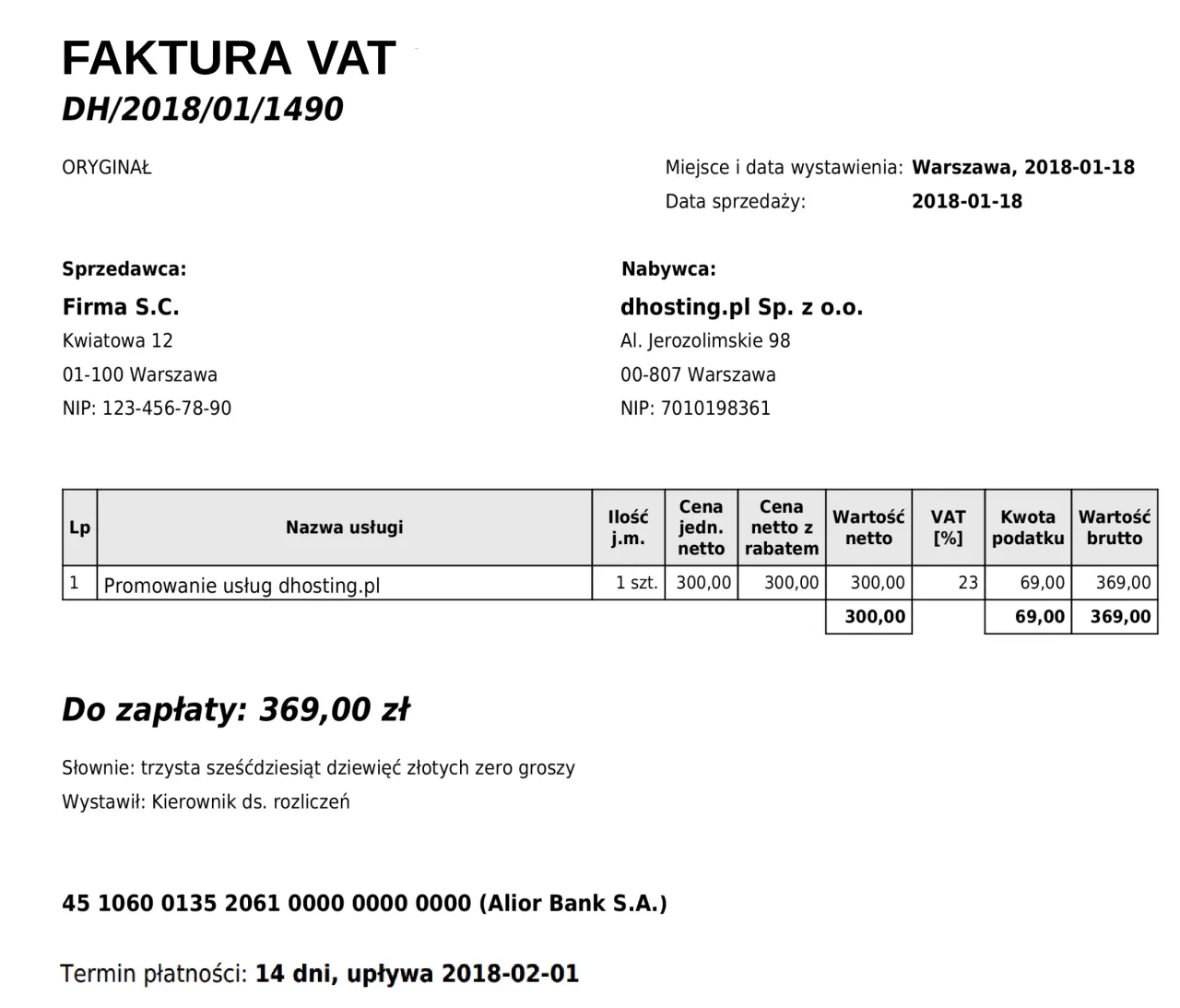 Przykład prawidłowo wypełnionej faktury VAT