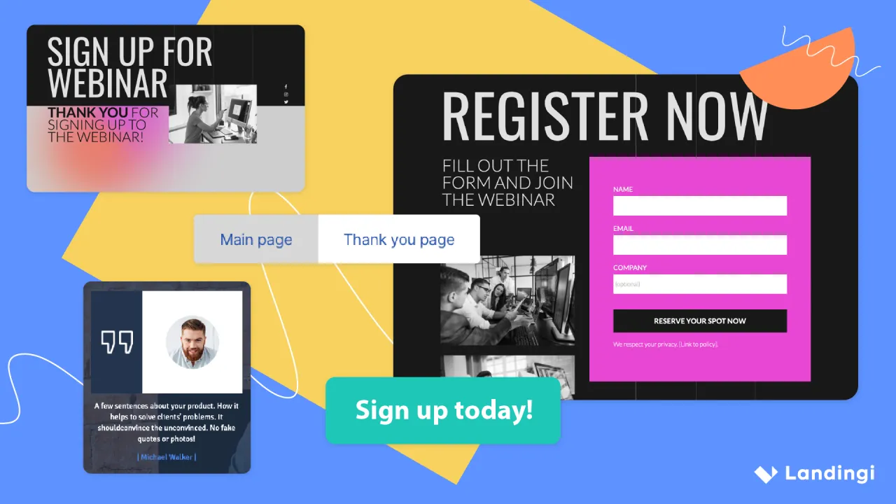 Landing page co to? Zobacz przykłady stron do zapisu na webinar, formularzy rejestracyjnych i podziękowań.