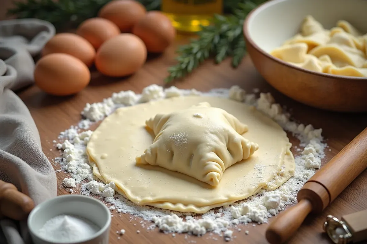 Jak zrobić ciasto na pierogi? Na stole leży rozwałkowane ciasto, na nim pieróg w kształcie gwiazdy, jajka, mąka i wałek.