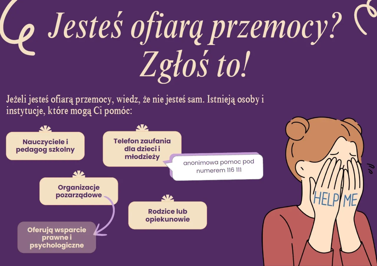 Grafika informuje, co to jest bullying w szkole i gdzie szukać pomocy: nauczyciele, telefon zaufania, organizacje, rodzice. Pomoc jest dostępna!