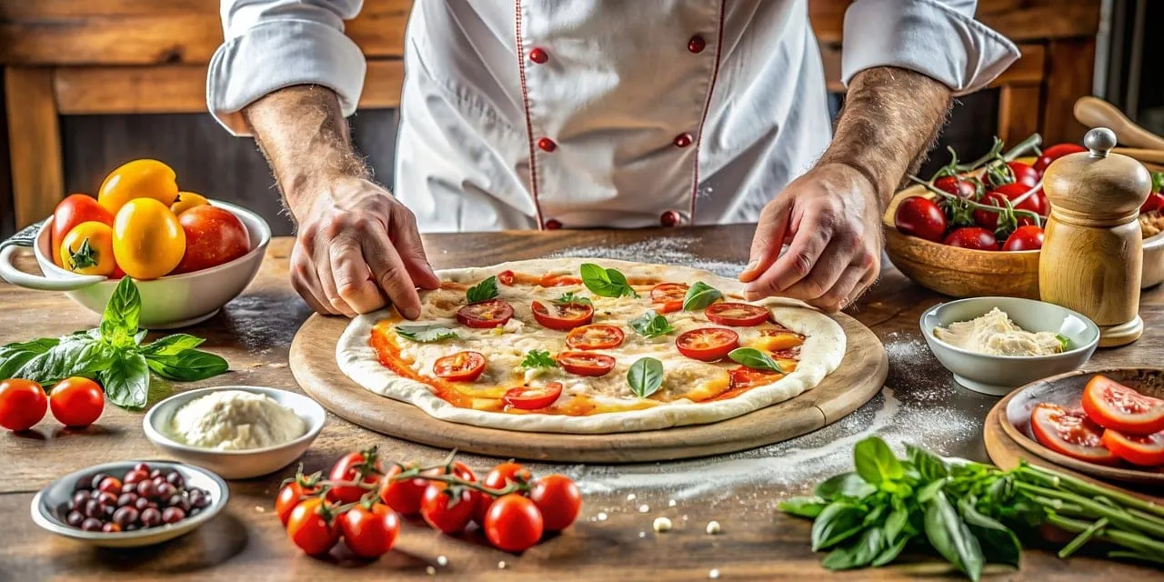 aranżacja stołu z pomidorami, białe naczynia do serwowania, drewniana deska z przystawkami