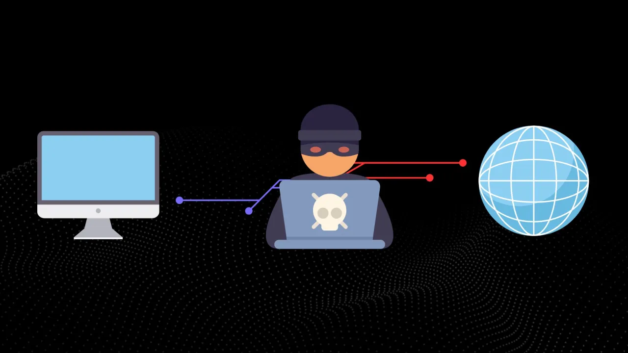Haker z laptopem, symbolem czaszki, przechwytuje dane między komputerem a globem. Ilustracja ataku man in the middle.